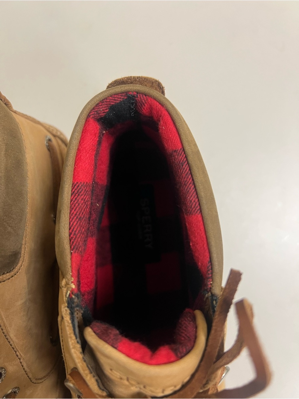 Sperry Tan Leather Moc Toe Boat Shoes with Red Plaid Lining - Picture 5 of 5